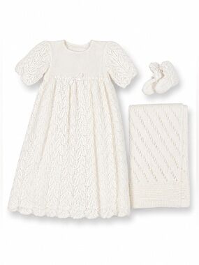 Vintage Christening Set Hand Knit‎ Dress Booties Blanket Baby Baptism White